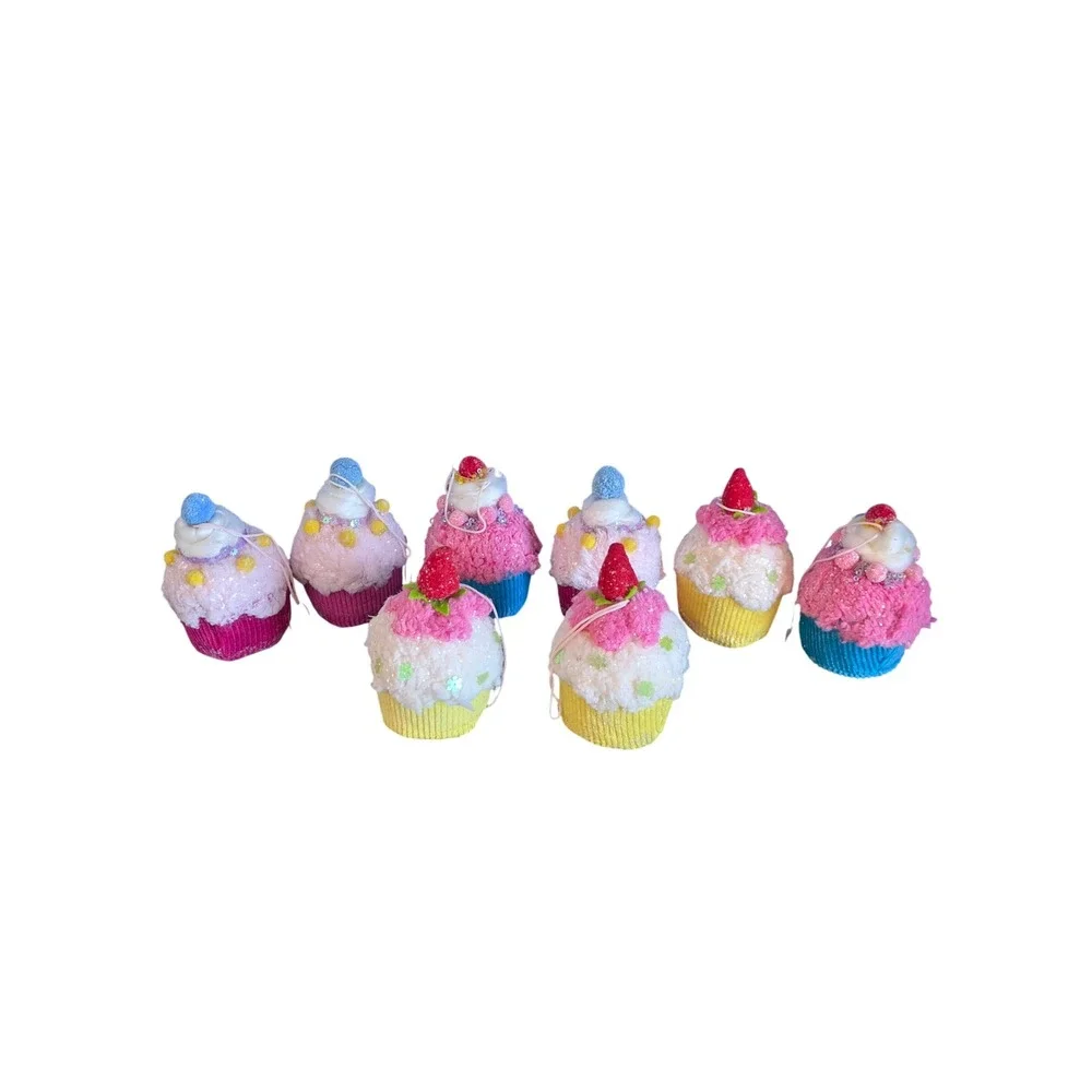 Set‎ of 8 Faux Cupcake Christmas Ornaments Pink Blue Yellow Dessert Decor